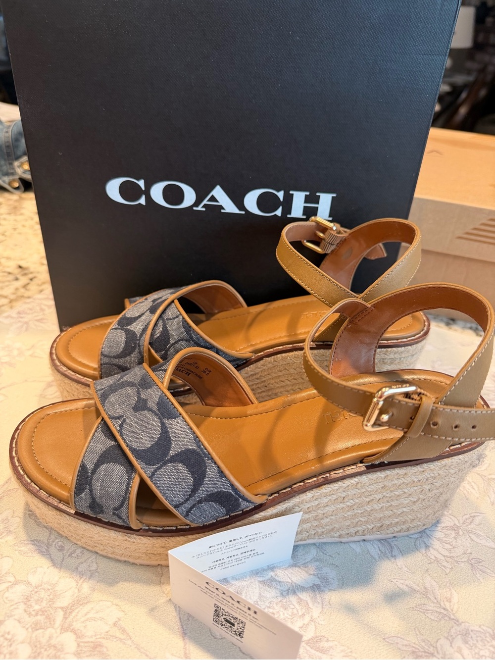 COACH Kimberly Espadrille Tan Leather & Signature Canvas Wedges